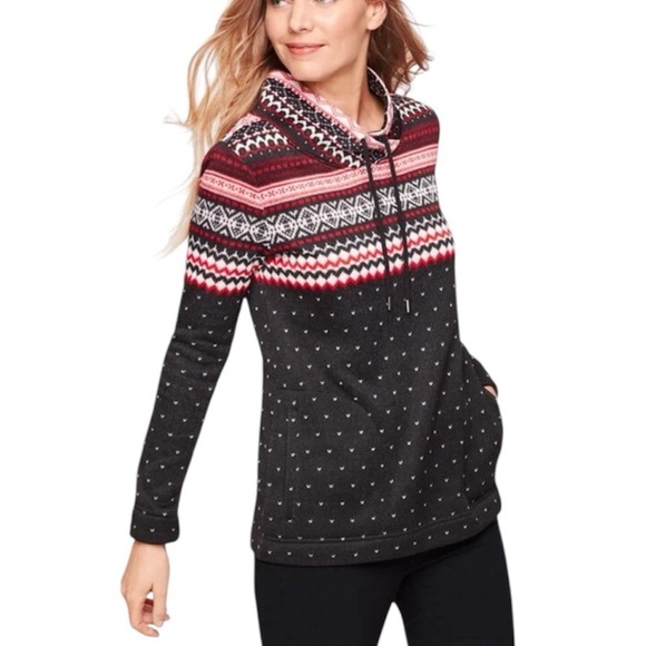 Talbots Geometric Fair Isle Fleece Sweater Black Red White Nordic Pullover - Picture 1 of 11